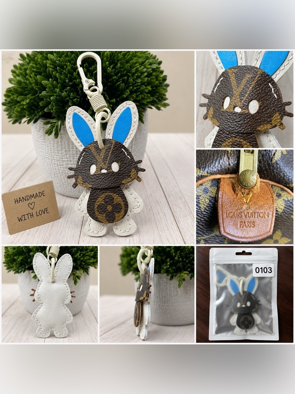 Handmade Bunny Keychain Charm Authentic Designer Canvas White Blue